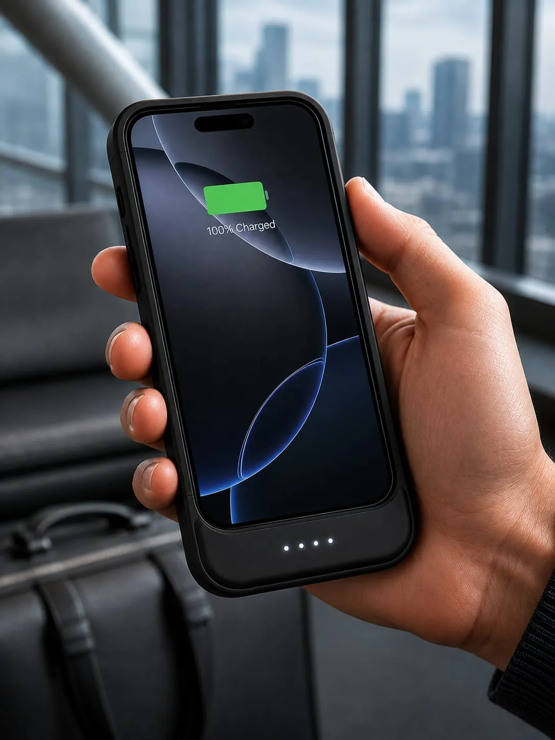 Hand holding an iPhone in a SQUIRL case showing a 100% charged battery