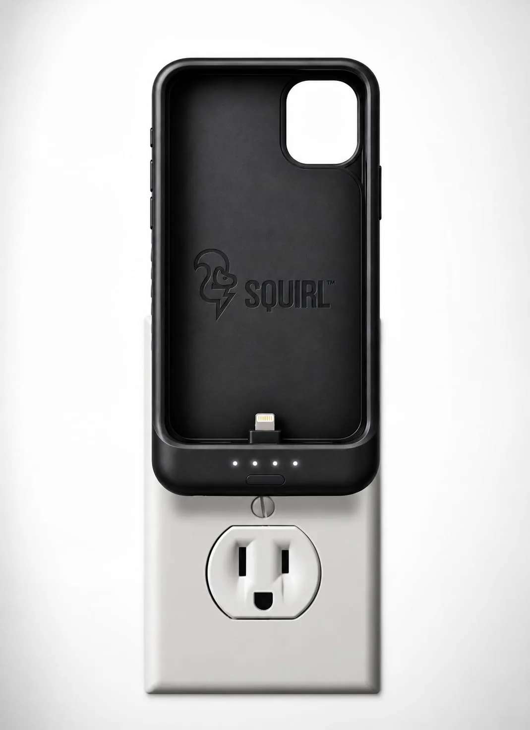 SQUIRL battery case plugged directly into a wall outlet with its fold-out prongs